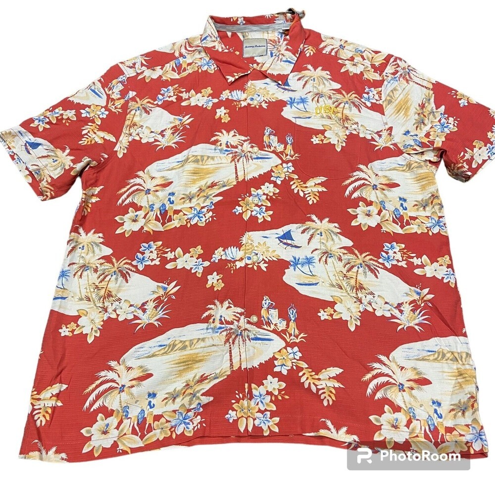 Mens Tommy Bahama 100% Silk Hawaiian Shirt Lazy Luau Size XXL Red USC